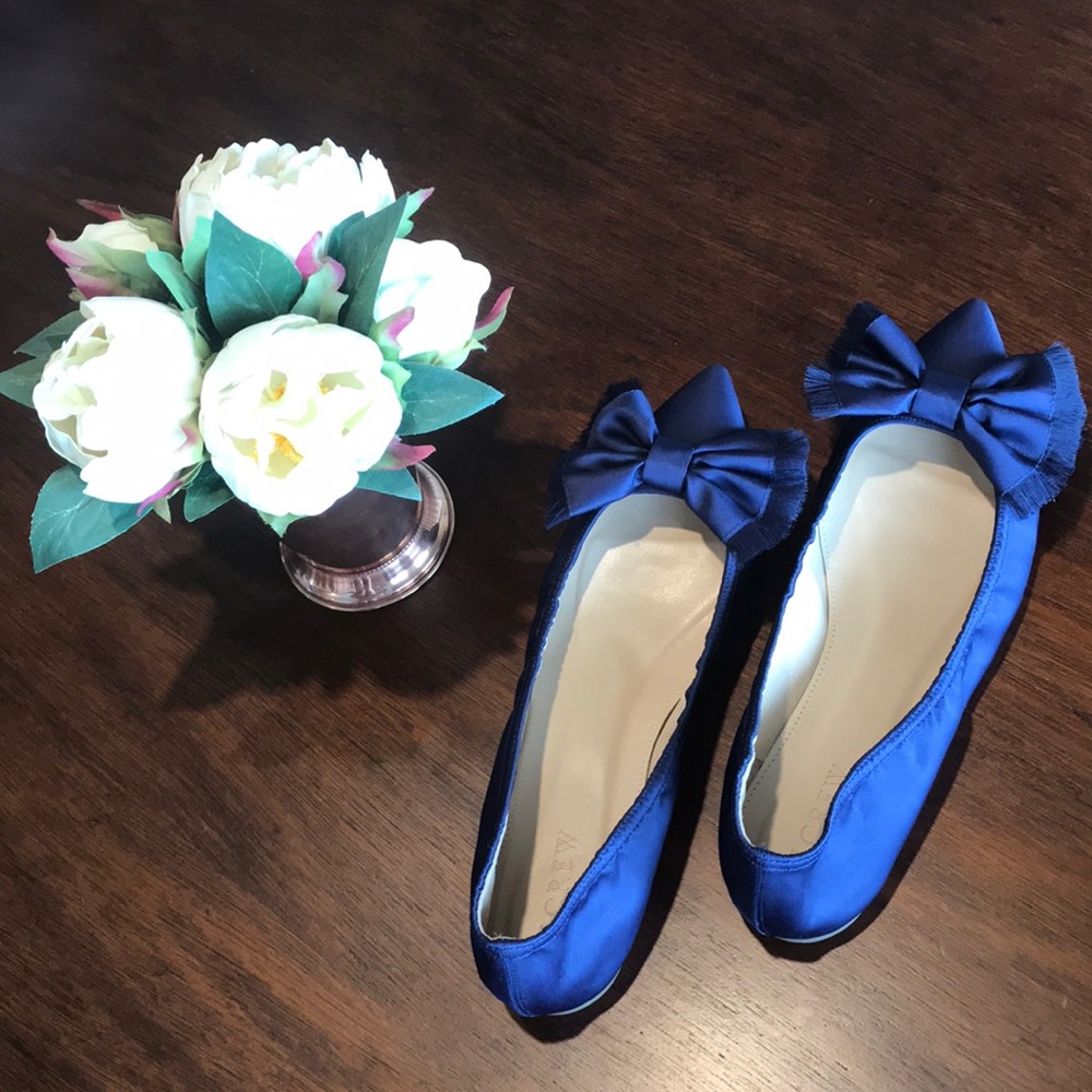 NWOT J. Crew Lottie Frayed-Bow Flats in Navy Satin